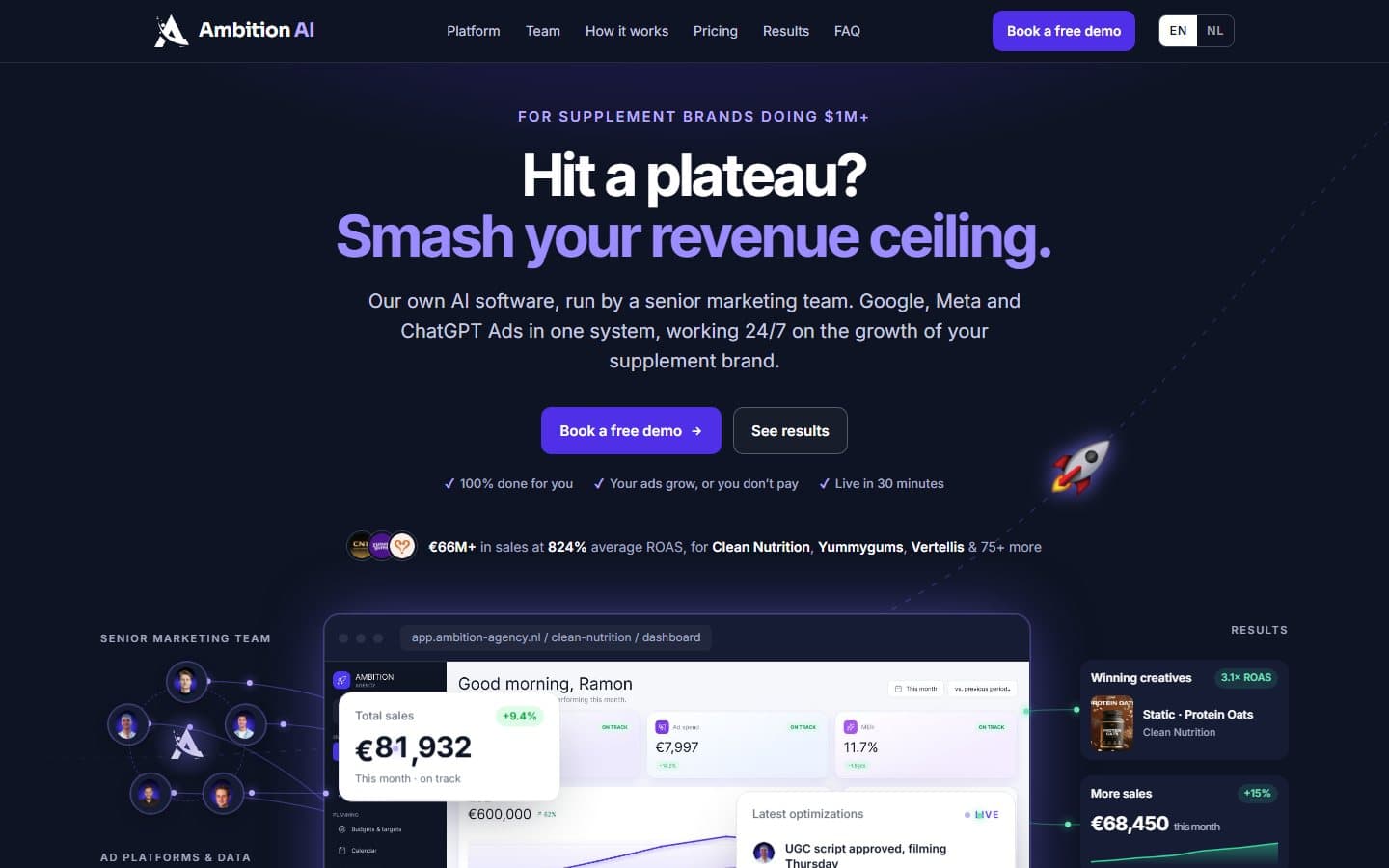 Ambition landing page with a live sales dashboard