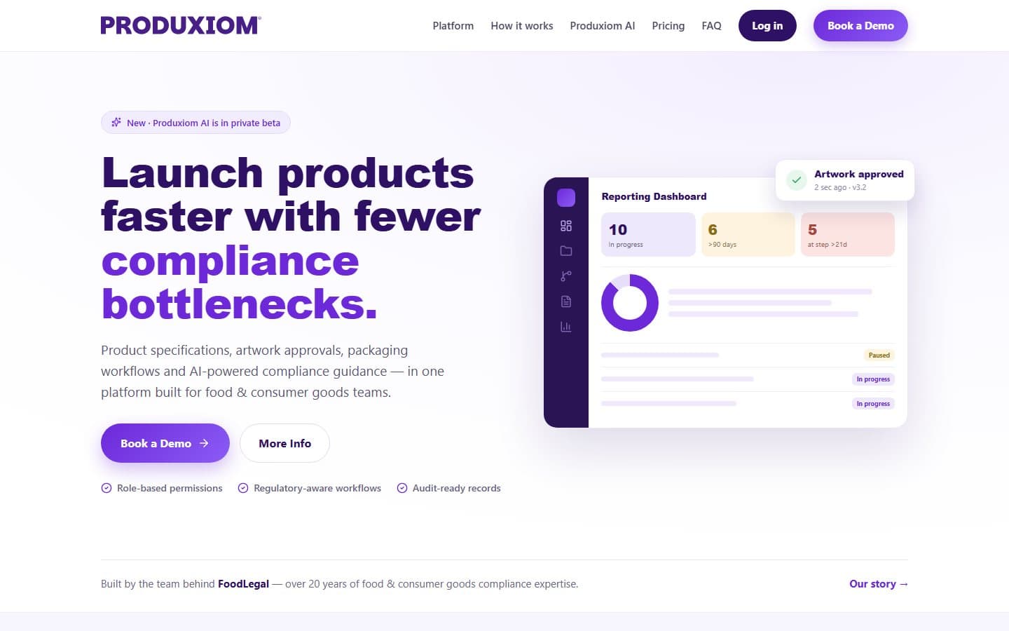 Produxiom landing page with a reporting dashboard preview