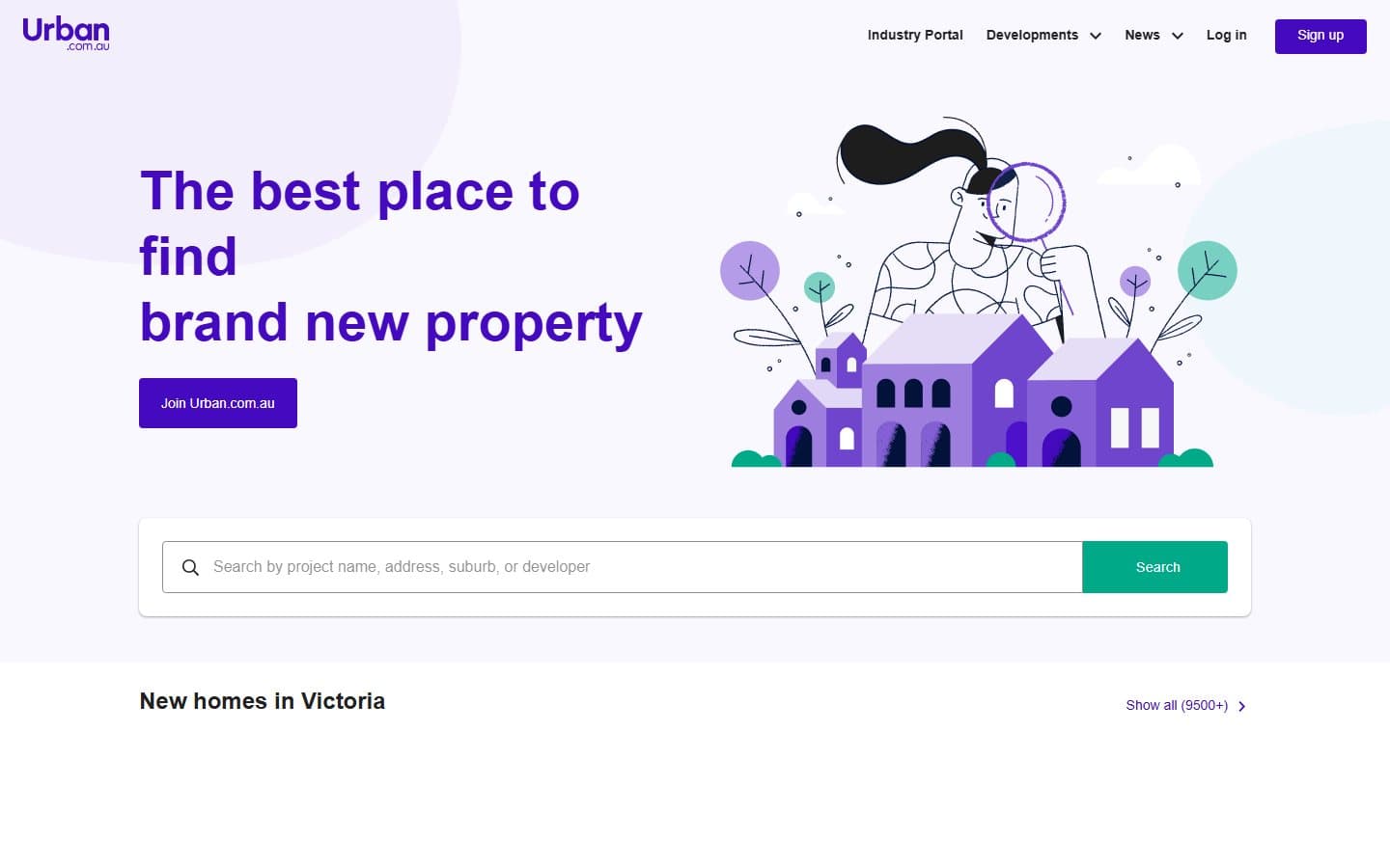 Urban.com.au homepage with a property search bar
